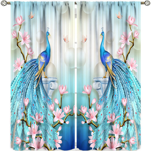 Peacock Blackout Curtains,Blue Peacock Flower Pearl Butterfly Print Kitchen Living Room Bedroom Window Drapes 2 Panel Set for Girls Boys Room Decor Decorative Curtains for Living Room 42x45in