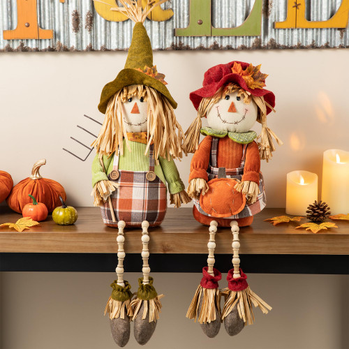 glitzhome Set of 2 Fall Harvest Scarecrow Figurines Shelf Sitter Fabric Boy and Girl Scarecrow Fall Autumn Table Fireplace Decor Thanksgiving Harvest Tabletop Home Decor
