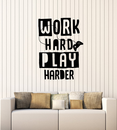 Gamer Quote Vinyl Wall Decal Video Game Work Hard Play Harder Art Stickers Mural Large Decor (ig5308)