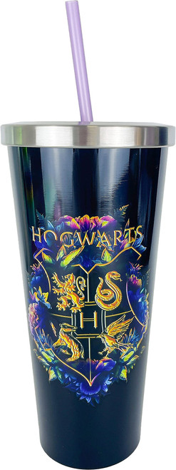 Spoontiques Stainless Steel w Steel Cup with Straw, 24 Oz, Hogwarts Crest,18278