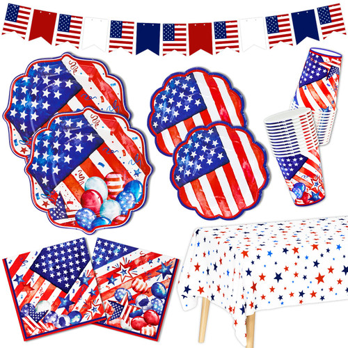 DYLIVeS 4th of July Patriotic Party Decorations, American Flag Stars Paper Plates and Napkins Cups Banner Tablecloth for Memorial Day Veterans Day Independence Day Fourth of July Supplies, Serve 24