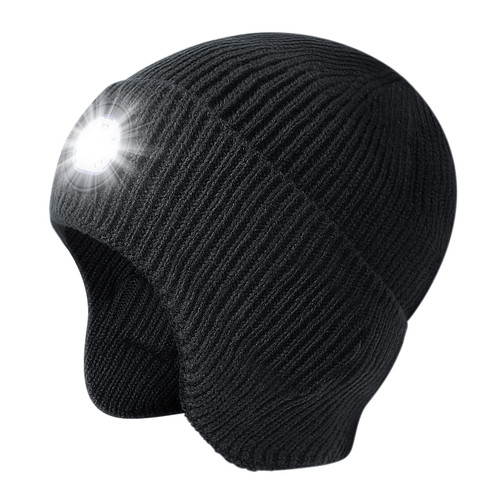 LED Beanie Hat with Light, USB Rechargeable LED Headlamp Hat, Unisex Winter Hat Warm Knitted Earflap Beanie with Night Flashlight (Black)