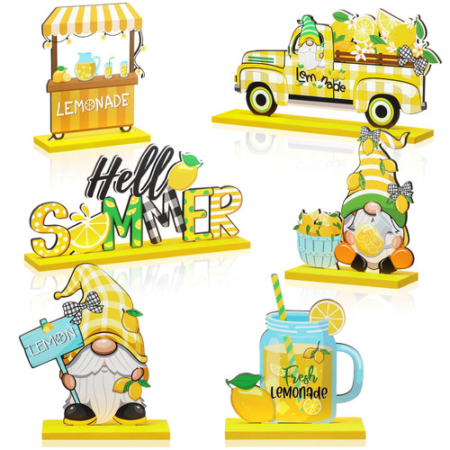 Sintuff 6 Pieces Lemon Table Decoration Hello Summer Gnome Lemonade Wooden Table Centerpiece Farmhouse Summer Lemon Sign for Kitchen Home Lemon Theme Party Table Tiered Tray Decor