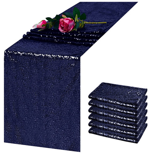 TCBESTO Navy Blue Sequin Table Runner 12''x108'' 6 Pack Sparkly Metallic Sequin Runner for Party Dinner Reception Event Bridal Birthday Wedding Glitter Table Runner