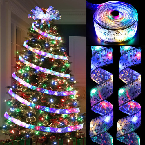 [ 2 Pack & Timer ] Ribbon Christmas Tree Lights Decorations Total 40 Ft 120 LED Battery Operated Fairy String Lights Christmas Tree Decorations Indoor Home, 20 Ft 60 LED Each (Sliver Ribbon, Colorful)