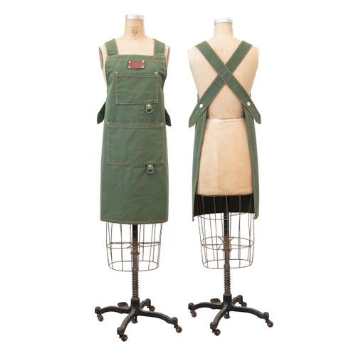 Creative Co-Op Cotton Canvas Cross Back Pockets & Rivets, Green Apron, Medium