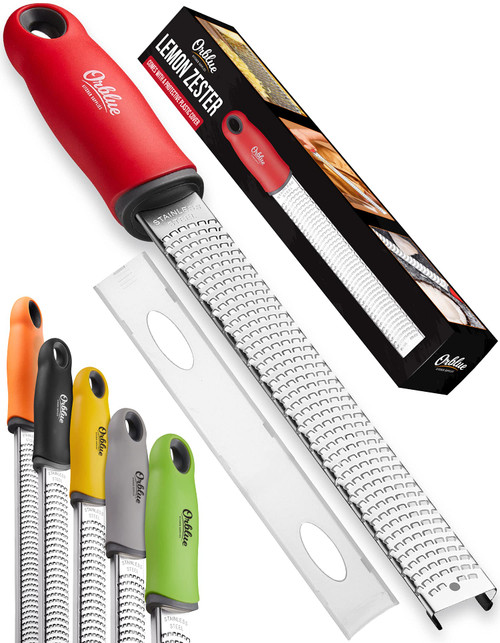Orblue Lemon Zester & Cheese Grater - Premium Citrus Zester, Kitchen Grater for Parmesan, Chocolate, Fruits, Vegetables, Ginger, Garlic, Nutmeg - Stainless Steel Blades with Protective Cover, Red
