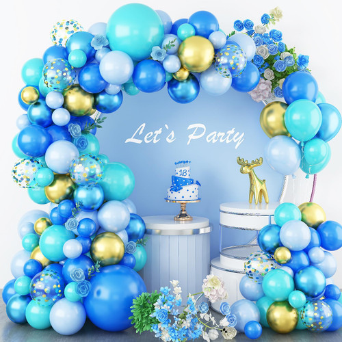 Blue Gold Balloon Arch Kit, Teal Blue Gold Balloon Garland Arch Kit with Chrome Blue Gold Confetti Balloons Arch for Baby Shower Decorations Birthday Engagement Wedding Anniversary Party Decorations