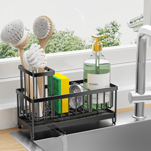 Cisily Sponge Holder for Kitchen Sink, Kitchen Sink Caddy with High Brush Holder, Kitchen Sink Organzier Rustproof 304 Stainless Steel Dish Sponge Organizer with Divider, Dish Soap Dispenser Storage