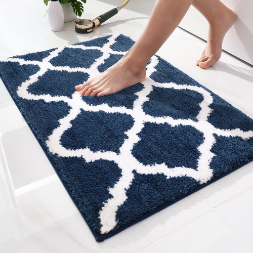 OLANLY Bathroom Rugs, Soft and Absorbent Microfiber Bath Rugs, Non-Slip Shaggy Shower Carpet, Machine Wash Dry, Bath Mats for Bathroom Floor, Tub and Shower, 24x16, Navy