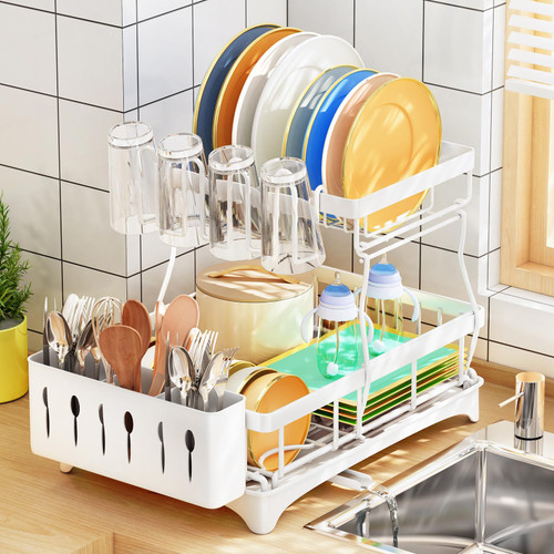 HERJOY Dish Drying Rack- 2 Tier Dish Rack with Drainboard for Kitchen Counter, Detachable Dish Drainer Kitchen Organizer Rack with Utensil Holder and Cup Rack, White Dish Rack