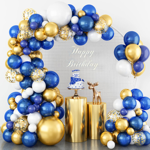 112pcs Royal Blue Gold White Balloon Arch Garland Kit, Navy Blue and Gold Balloon Arch Kit With Confetti Metallic Chrome Balloons, White Latex Matte Balloons for Graduations Birthday Party Decorations