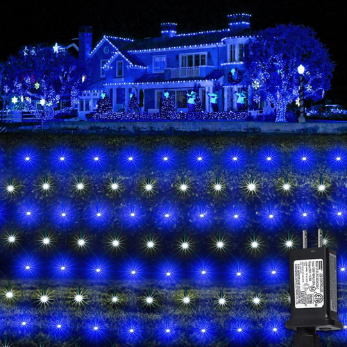 kemooie Outdoor Christmas Net Lights, 360 LED 12FT x5FT Bush Lights, Plug in 8 Twinkle Modes Mesh Lights, Waterproof for Christmas Tree Bushes Garden Patio Decorations (Blue&White)