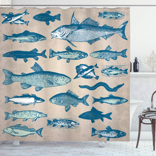 Ambesonne Fish Shower Curtain, Vintage Style Group of Various Different Fish Animals Seafood Theme Grunge Effect, Cloth Fabric Bathroom Decor Set with Hooks, 69" W x 75" L, Dark Sea Blue Eggshell