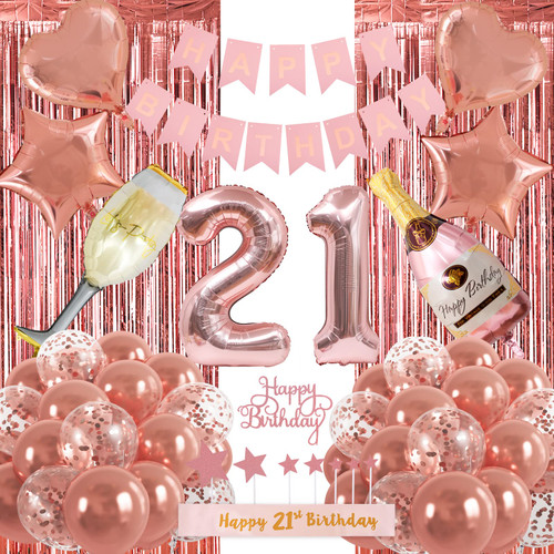 RUBFAC 21st Birthday Decorations for Girls, Rose Gold Sweet 21 Birthday Party Decoration for Her, 21st Happy Birthday Pre-Strung Banner Kits Rose Gold Balloons Decoration for Birthday Party Supplies RUBFAC 21st Birthday Decorations for Girls, Rose Gold Sweet 21 Birthday Party Decoration for Her, 21st Happy Birthday Pre-Strung Banner Kits Rose Gold Balloons Decoration for Birthday Party Supplies