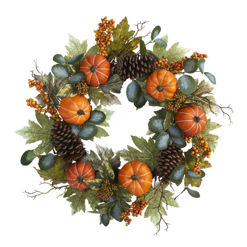 Nearly Natural 24in. Pumpkins, Pine Cones and Berries Fall Artificial Wreath, Green