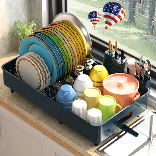 ADBIU Large Dish Drying Rack with Drainboard Set?12.8" - 20"? Expandable Compact Dish Drainer (Gray, Large)