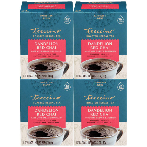 Teeccino Dandelion Red Chai Tea - Caffeine-Free, Roasted Herbal Tea with Prebiotics, 3x More Herbs than Regular Tea Bags, Gluten Free - 10 Tea Bags (Pack of 4)