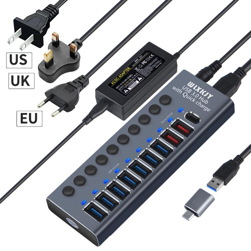 WLXKJY Aluminum Powered USB 3.0 Hub, 10-Port USB Hub Splitter (7 USB 3.0 Data Transmission Ports + 2 Smart Charging Ports + 1 PD Charging Port), with 60W (12V/5A) Power Adapter and Independent Switch WLXKJY Aluminum Powered USB 3.0 Hub, 10-Port USB Hub Splitter (7 USB 3.0 Data Transmission Ports + 2 Smart Charging Ports + 1 PD Charging Port), with 60W (12V/5A) Power Adapter and Independent Switch