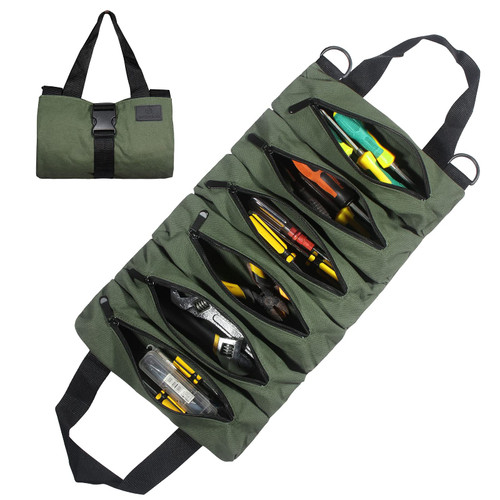 Wessleco Tool Roll up Bag, 16OZ Canvas Rolling Tool Bag, Wrench Roll Up Pouch Multi-Purpose Tool Roll Organizer, 6 Zippered Tool Pockets Electricians Wrench Tool Roll Organizer (Green)