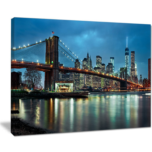 Design Art Brooklyn Bridge and Skyscrapers Cityscape Canvas print, 20x12", Blue