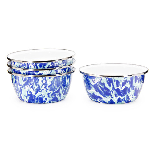 Golden Rabbit Enamelware - Ocean Swirl Pattern - Set of 4-3cup Salad Bowls