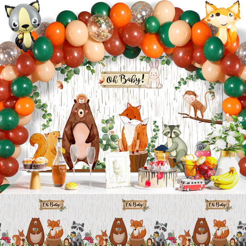 Woodland Baby Shower Decorations Animals Backdrop Tablecloth Balloon Garland Arch Kit Safari Creatures Table Cover Forest Banner Woodland Decor for Birthday Gender Neutral Party Supplies Set 100 Pcs