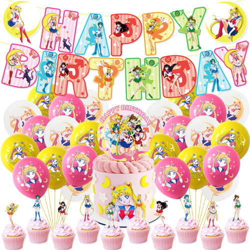 Sailor Girls Moon Party Supplies Kits with Happy Birthday Banner, Latex Balloon, Cake Toppers, Cupcake Toppers, Anime Cartoon Girls Theme Party for Kids Girls Birthday Party Decorations