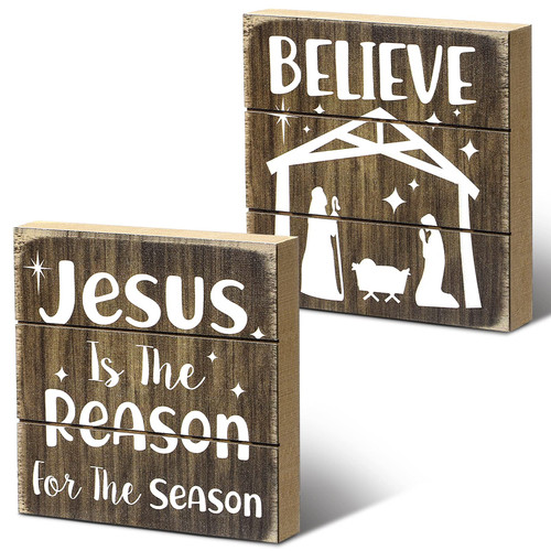 Rustic Christmas Sign Jesus is The Reason for The Season Decor Sign Xmas Believe Sign Nativity Scene Decorations Rustic Farmhouse Table Centerpiece for Home Wall Window Tiered Tray Holiday Decor