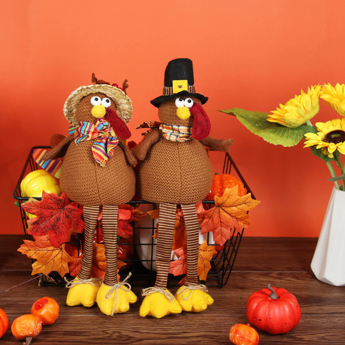 Tinsow Thanksgiving Turkey Couple Dolls, 2 Pcs Turkey Tabletop Decor Autumn Harvest Festival Decoration Desktop Decoration Turkey Doll Set, Stuffed Fabric Turkey For Thanksgiving Home Decoration