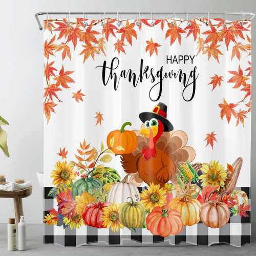 LB Thanksgiving Turkey Shower Curtain for Bathroom,Autumn Harvest Pumpkin Sunflower Floral and Maple Leaf Fabric Shower Curtain with Hooks,Farmhouse Fall Bathroom Curtain Shower Set, 72x72 inches LB Thanksgiving Turkey Shower Curtain for Bathroom,Autumn Harvest Pumpkin Sunflower Floral and Maple Leaf Fabric Shower Curtain with Hooks,Farmhouse Fall Bathroom Curtain Shower Set, 72x72 inches