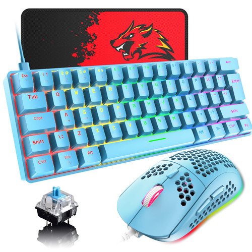 60% Compact Wired Mechanical Gaming Keyboard, Blue Switches, Rainbow LED Backlight, Tenkeyless, Programmable Macros, RGB Mouse 6400 DPI RGB Wired Gaming Bundle for PC Gamer Office Typist (Blue)