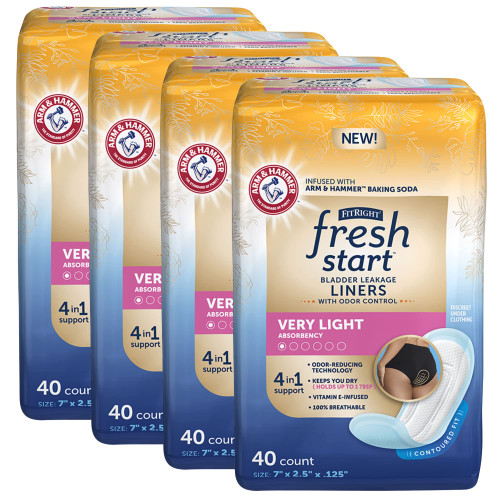 FitRight Fresh Start Incontinence and Postpartum Liners for Women, Very Light Absorbency (160 Count) Bladder Leakage Pads with The Odor-Control Power of ARM & Hammer (40 Count, Pack of 4)