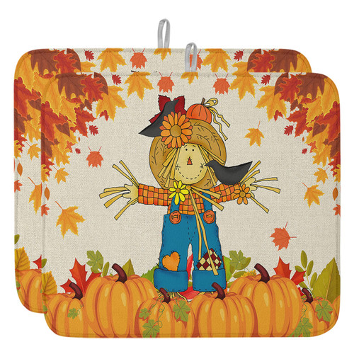 Dish Drying Mat 2 Pack - Absorbent Microfiber Dish Mat Drying Kitchen Mat - Fall Farm Thanksgiving Scarecrow Golden Pumpkin Dish Drying Mats for Kitchen Counter 18x24 Inch