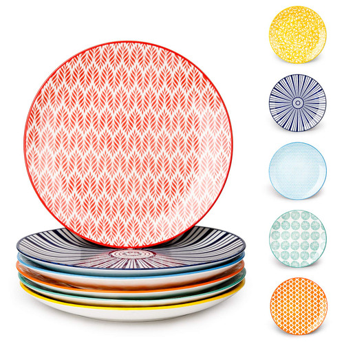 KitchenTour Ceramic Dinner Plates - 8 Inch Dessert Pizza Pasta Salad Plate Set - Dishwasher and Microwave Safe - Set of 6, Vintage