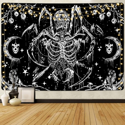 Uspring Skull Tapestry Skeleton Tapestry Hippie Eyes Tapestries Black and White Tapestry Cool Gothic Spider Tapestry for Bedroom Wall Hanging for Home (59.1 x 82.7 inches)