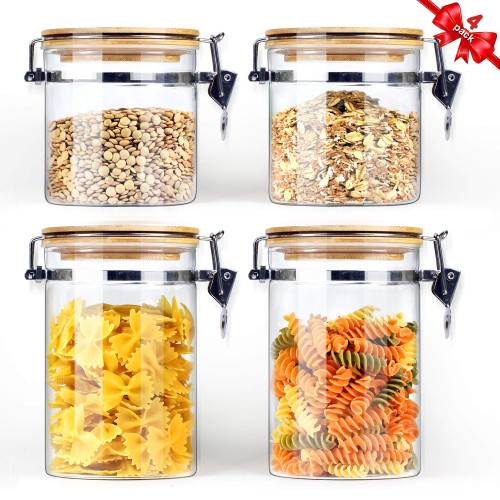 Borosilicate Glass Storage Jars with Airtight Locking Clamp Lids (2 Sets 18oz, 2 Sets 30oz), Airtight Glass Canisters with Locking Lids, Glass Storage Containers Bamboo Lid, Food Storage Container