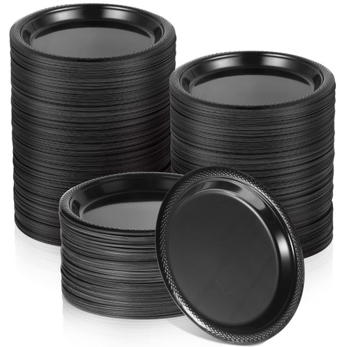 Irenare 300 Pieces Disposable Plastic Plates 7 Inch Round Dessert Plates Wedding Cake Plates Bulk for Birthday Party Dinner Travel Picnic Appetizer Plates Party Supplies (Black)