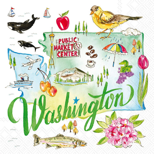 Washington Party Napkins - 40 Count, 2 Packages of 20CT - White Napkins with State Outline and Evergreen State Accents - 5 x 5-inches - 3-Ply - Designed by Rosanne Beck