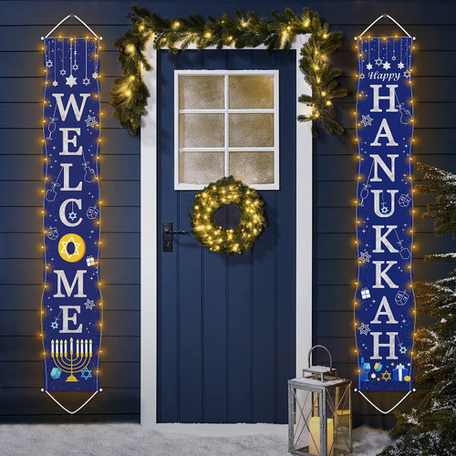 Hanukkah Door Decoration Banner with String Light, 72''x12'' Hanukkah Front Door Porch Sign Welcome and Happy Hanukkah Chanukah Home Decorations Party Supplies (NO BATTERY) Hanukkah Door Decoration Banner with String Light, 72''x12'' Hanukkah Front Door Porch Sign Welcome and Happy Hanukkah Chanukah Home Decorations Party Supplies (NO BATTERY)