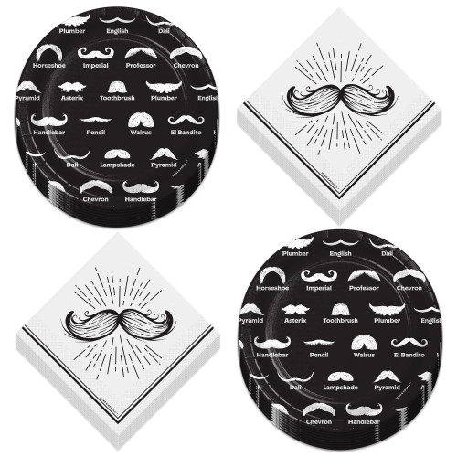 HOME & HOOPLA Mustache Party Supplies - Black and White Mustache Paper Dessert Plates and Cocktail Napkins (Serves 16)- Little Man Birthday, Retirement, Dad's Birthday Party Plates