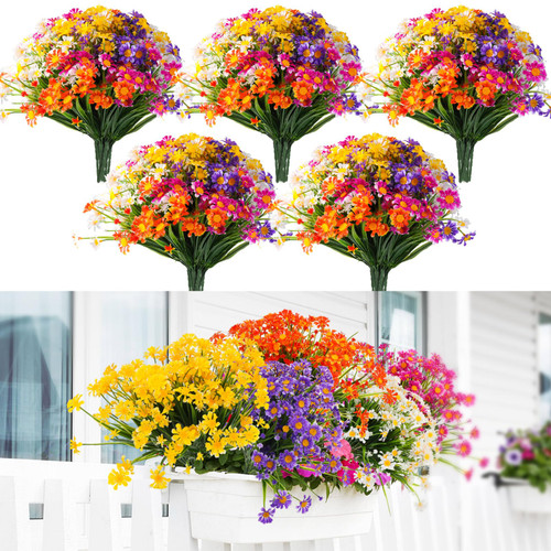 Sherr 50 Bundles Artificial Daisy Flowers Fake Flowers Artificial Plants Outdoor Faux Plastic UV Resistant Flowers Shrubs for Window Box Farmhouse Outside Garden Home Wedding Porch Decor, 5 Colors