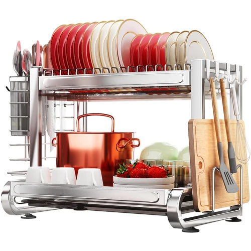 Dish Drying Rack, Stainless Steel Dish Rack, Rustproof Dish Drainers for Kitchen Counter, Multifunctional 2 Tier Dish Drainers Organizer with Drainboard & Utensil Holder