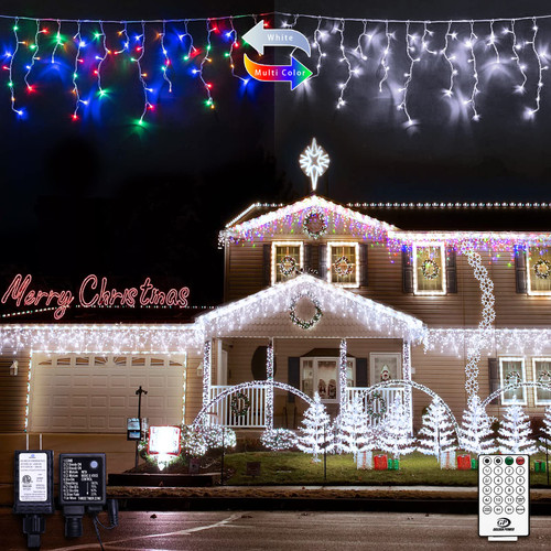 JMEXSUSS Color Changing Lights Outdoor Waterproof, 11 Modes 400 LED Christmas Icicle Lights with 40 Drops, White to Multicolor Icicle Lights for Indoor Christmas Eaves Party Decorations JMEXSUSS Color Changing Lights Outdoor Waterproof, 11 Modes 400 LED Christmas Icicle Lights with 40 Drops, White to Multicolor Icicle Lights for Indoor Christmas Eaves Party Decorations