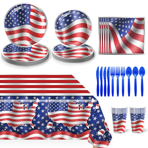 170PCS Veterans Day Decorations, Veterans Day Decor Include, Veterans Day Tablecloth Plates and Napkins Sets, Knife, Fork, Spoon, Blue White Red Veterans Day Party Supplies