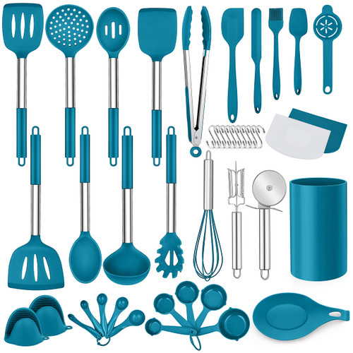 LIANYU 43 Pcs Silicone Kitchen Cooking Utensils with Holder, Heat Resistant Spatula Set with Stainless Steel Handle, Kitchen Cooking Gadgets Tools for Nonstick Cookware Set, Blue