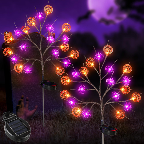Enhon 2 Pack Solar Halloween Decor Pumpkins Bat Stake Lawn Lights, Waterproof 8 Mode 40 LED Built in Timer Orange Purple Pathway Light for Halloween Outdoor Garden Yard Pathway Decor
