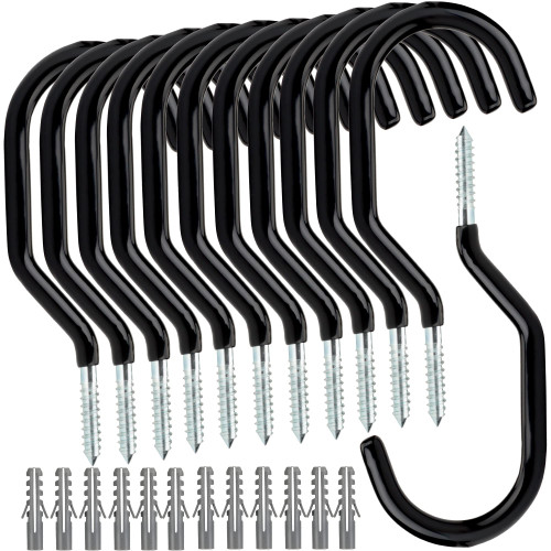 Dulinkas 12 Pcs Bike Hanger Rubber Coated Heavy Duty Large Screw in Hooks for Garage Wall and Ceiling Bicycle Storage Storage Hook Rack Wall Mount Hanger Utility Tool Hanger Black