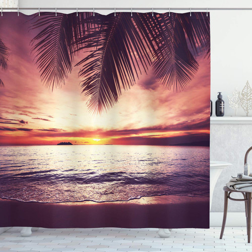 Ambesonne Palm Tree Shower Curtain, Tropical Beach Under Shadows at Sunset Ocean Waves Serenity of Paradise in Nature, Cloth Fabric Bathroom Decor Set with Hooks, 69" W x 70" L, Yellow