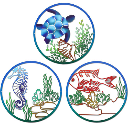 Hicarer Set of 3 Metal Sea Turtle Seahorse Fish Wall Decor 11.8 Inches Beach Themed Art Decorations Ocean Life Coastal Hanging Wall Art for Indoor Outdoor Bathroom Office Garden Pool (Colorful)